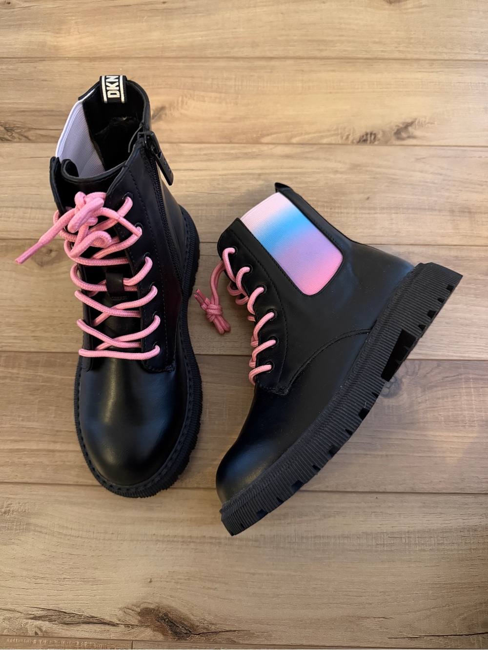 DKNY Girls Black Combat Boots with Pink Laces and Ombre Panel